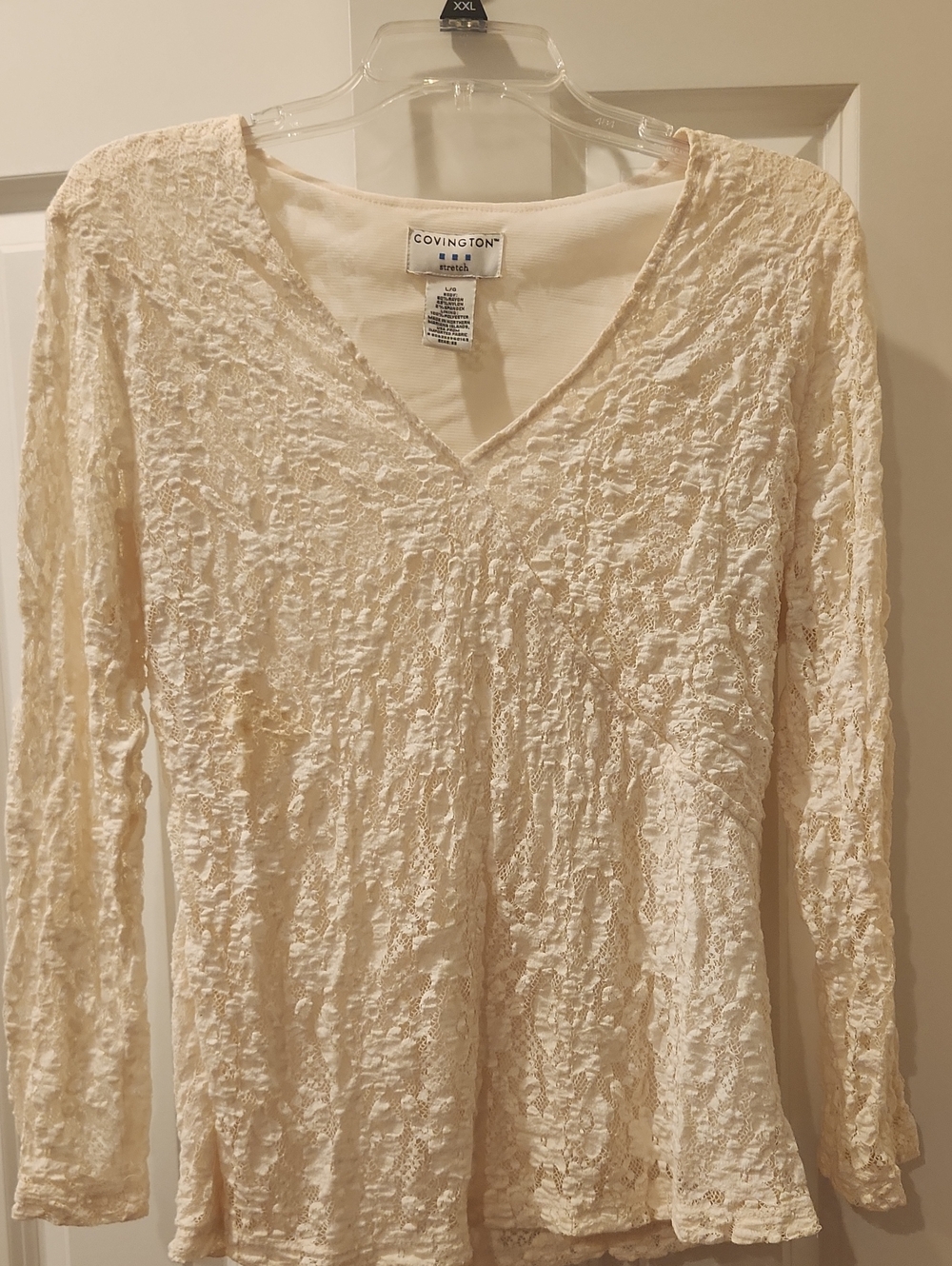 Covington Cream Textured V-Neck Long Sleeve Top
